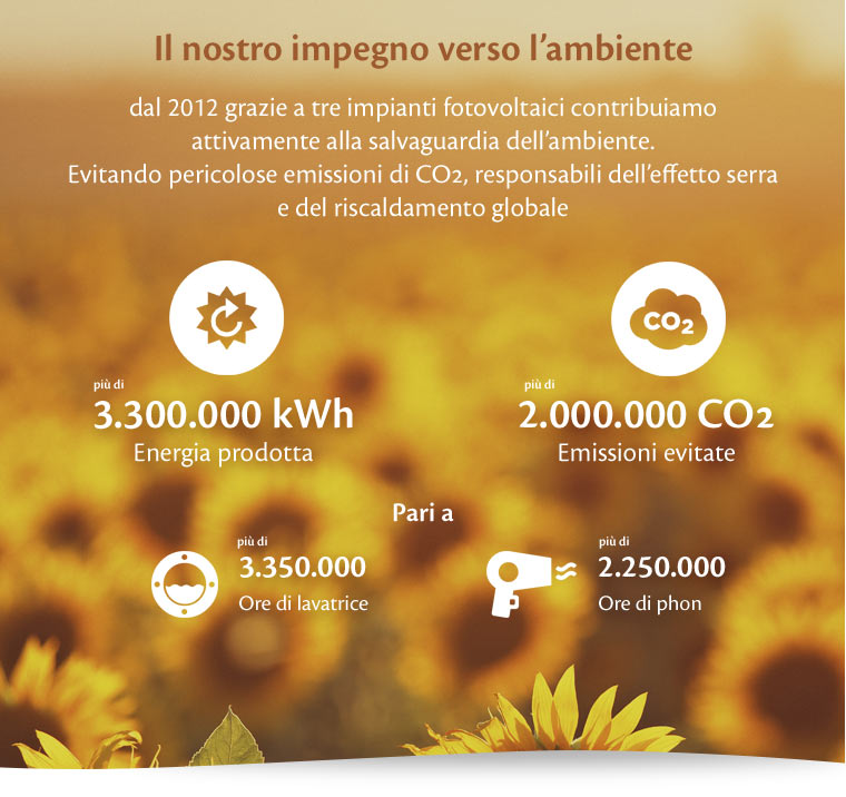 Il nostro impegno verso l’ambiente dal 2012 grazie a tre impianti fotovoltaici contribuiamo attivamente alla salvaguardia dell’ambiente. Evitando pericolose emissioni di CO2, responsabili dell’effetto serra del riscaldamento globale